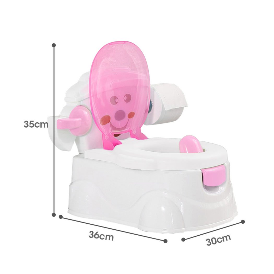 Kids Potty Seat Trainer in pink color, featuring a removable bucket, retractable tissue holder, and splash guard for boys.