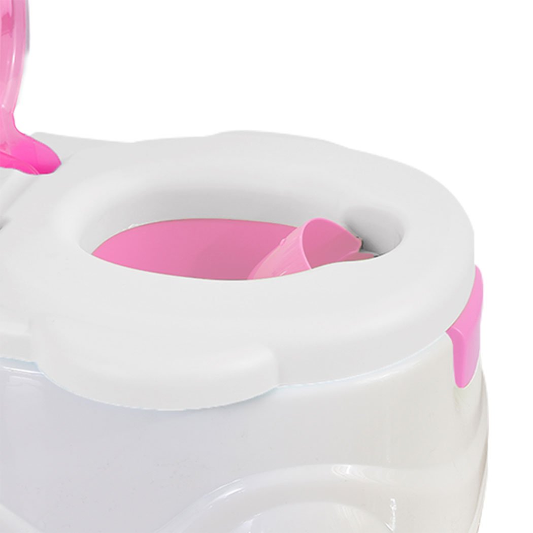 Kids Potty Seat Trainer in pink color, featuring a removable bucket, retractable tissue holder, and splash guard for boys.