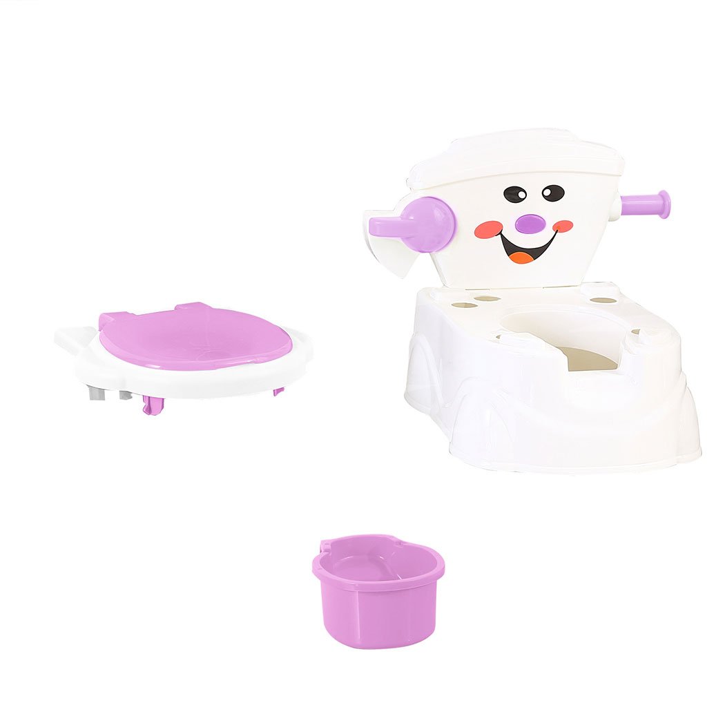 Kids Potty Seat Trainer in pink color, featuring a removable bucket, retractable tissue holder, and splash guard for boys.