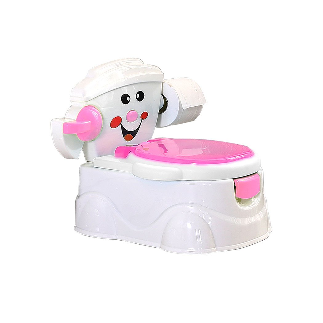 Kids Potty Seat Trainer in pink color, featuring a removable bucket, retractable tissue holder, and splash guard for boys.