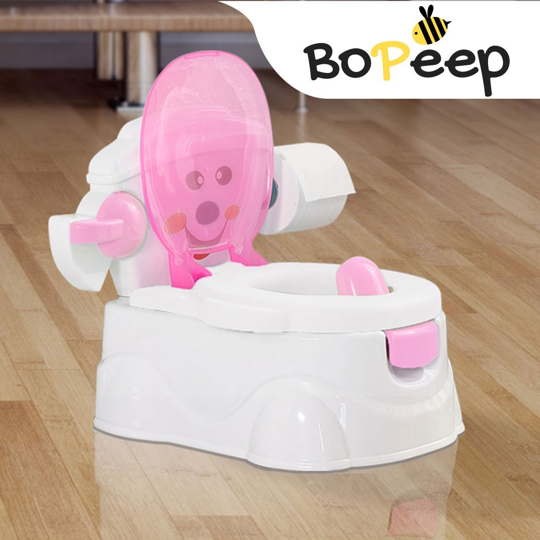 Kids Potty Seat Trainer in pink color, featuring a removable bucket, retractable tissue holder, and splash guard for boys.