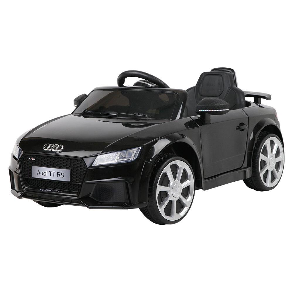 Kids Ride On Audi TT RS car in black, featuring stylish design, working doors, and dynamic headlights, perfect for young drivers.
