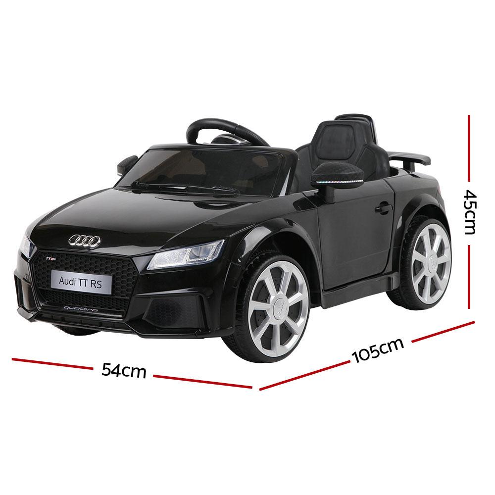 Kids Ride On Audi TT RS car in black, featuring stylish design, working doors, and dynamic headlights, perfect for young drivers.