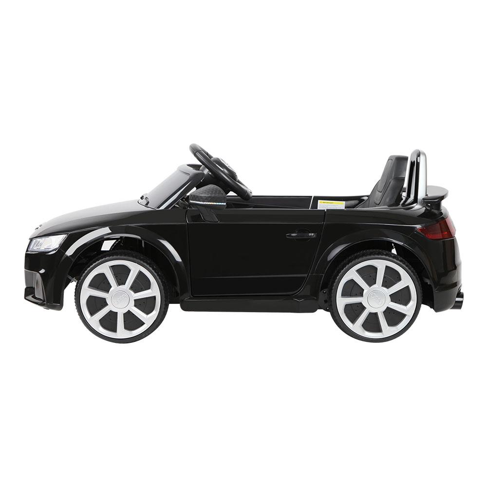 Kids Ride On Audi TT RS car in black, featuring stylish design, working doors, and dynamic headlights, perfect for young drivers.