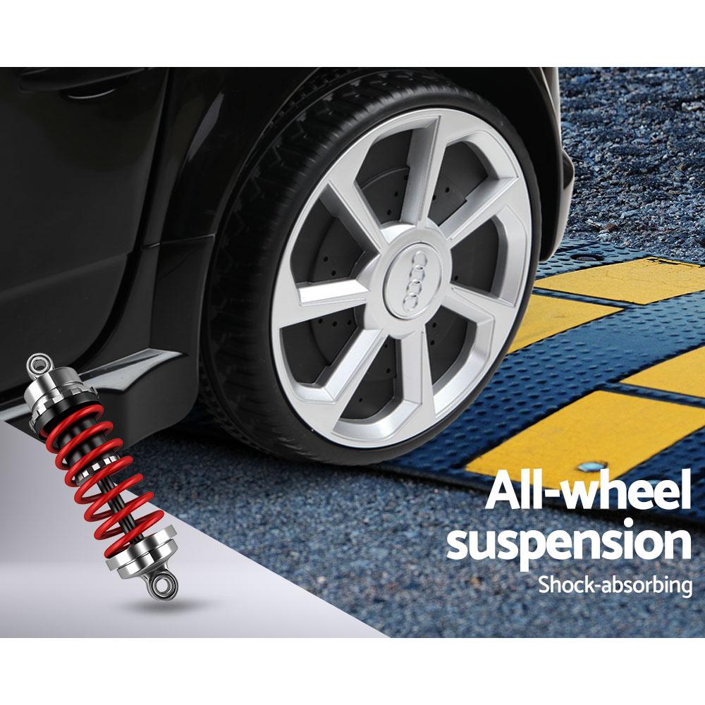 Kids Ride On Audi TT RS car in black, featuring stylish design, working doors, and dynamic headlights, perfect for young drivers.