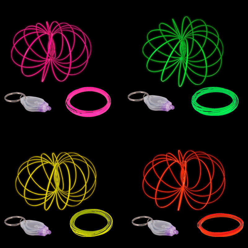 Kinetic Glow Koil 2-Pack featuring vibrant pink/orange and yellow/green colors, glowing under UV light.