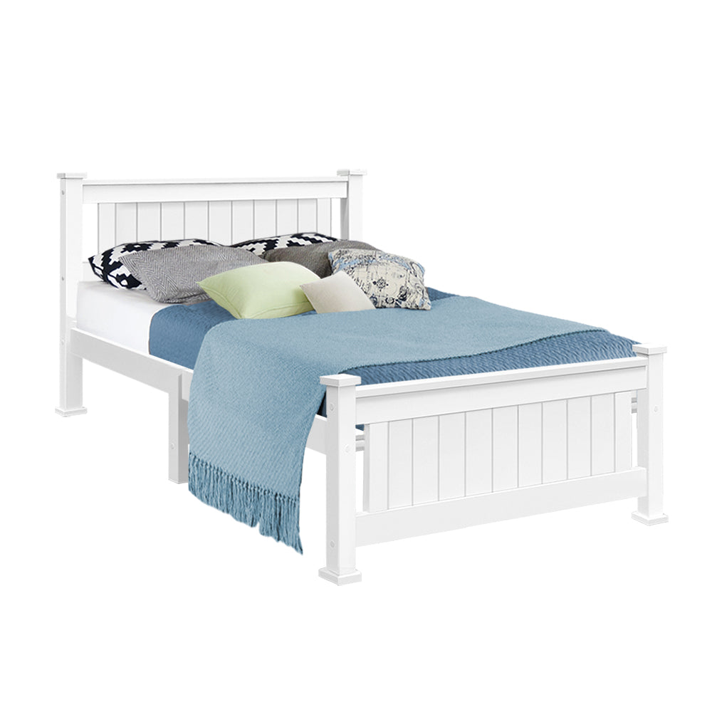 King Single Wooden Bed Frame in White, made from solid pine wood with a stylish design and smooth edges.