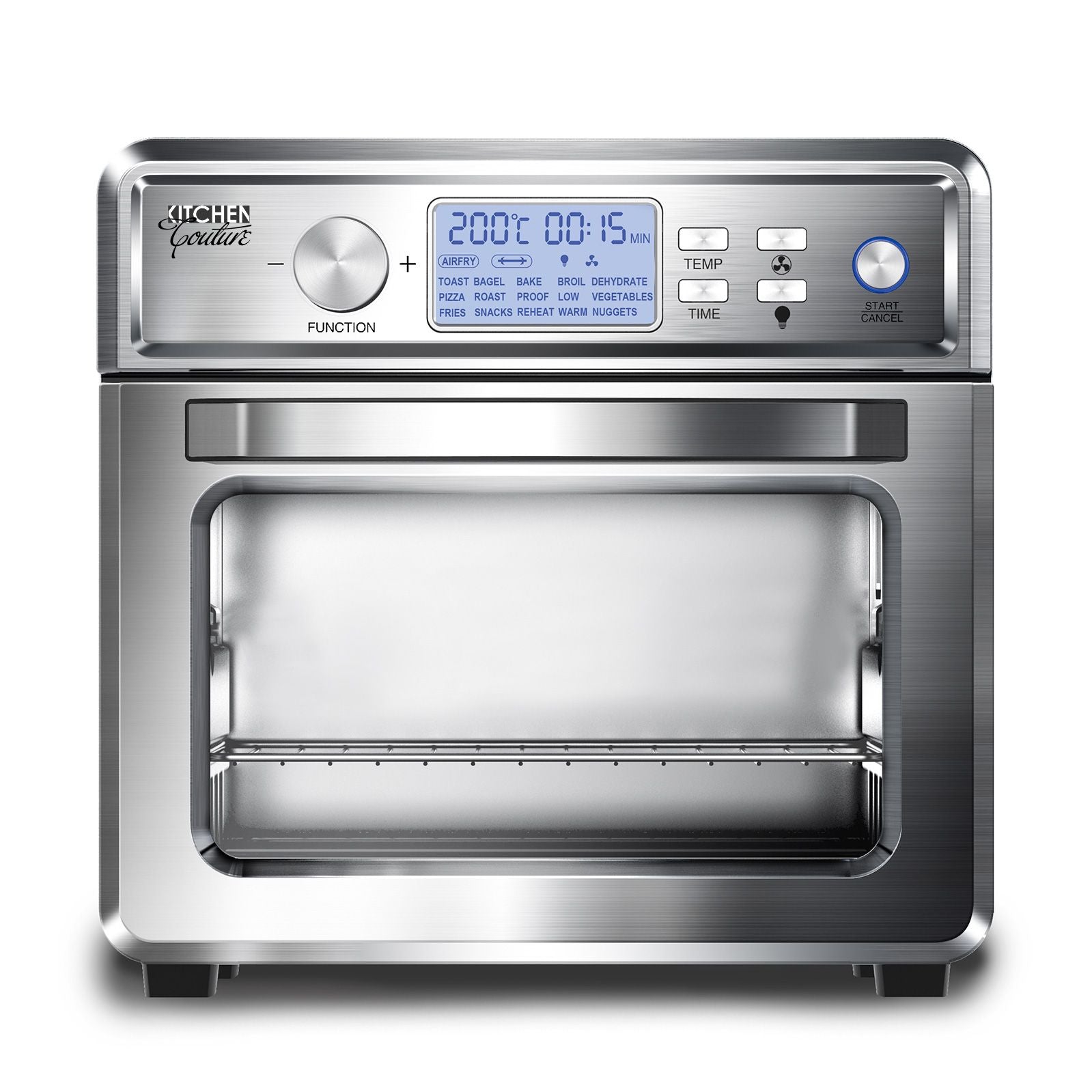 Kitchen Couture 24 Litre Air Fryer with LCD display and stainless steel design, showcasing its large capacity and included accessories.