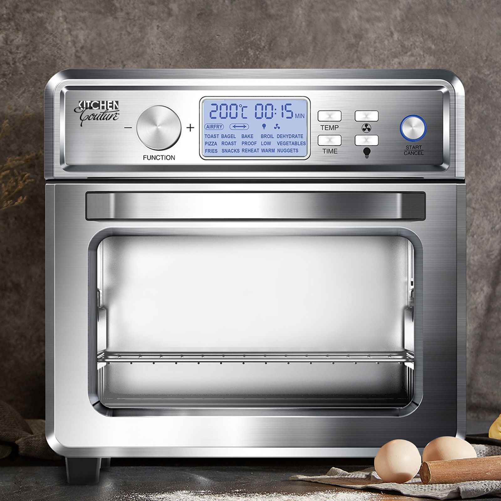 Kitchen Couture 24 Litre Air Fryer with LCD display and stainless steel design, showcasing its large capacity and included accessories.