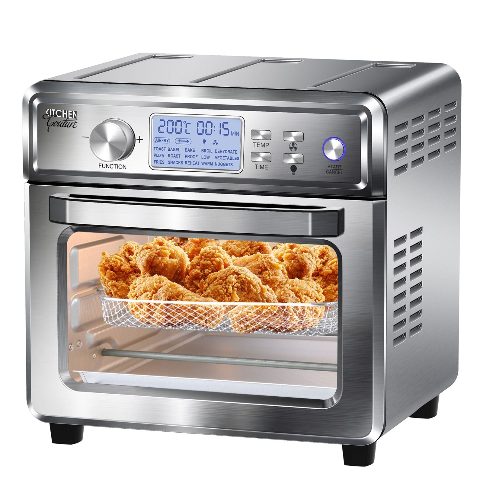 Kitchen Couture 24 Litre Air Fryer with LCD display and stainless steel design, showcasing its large capacity and included accessories.