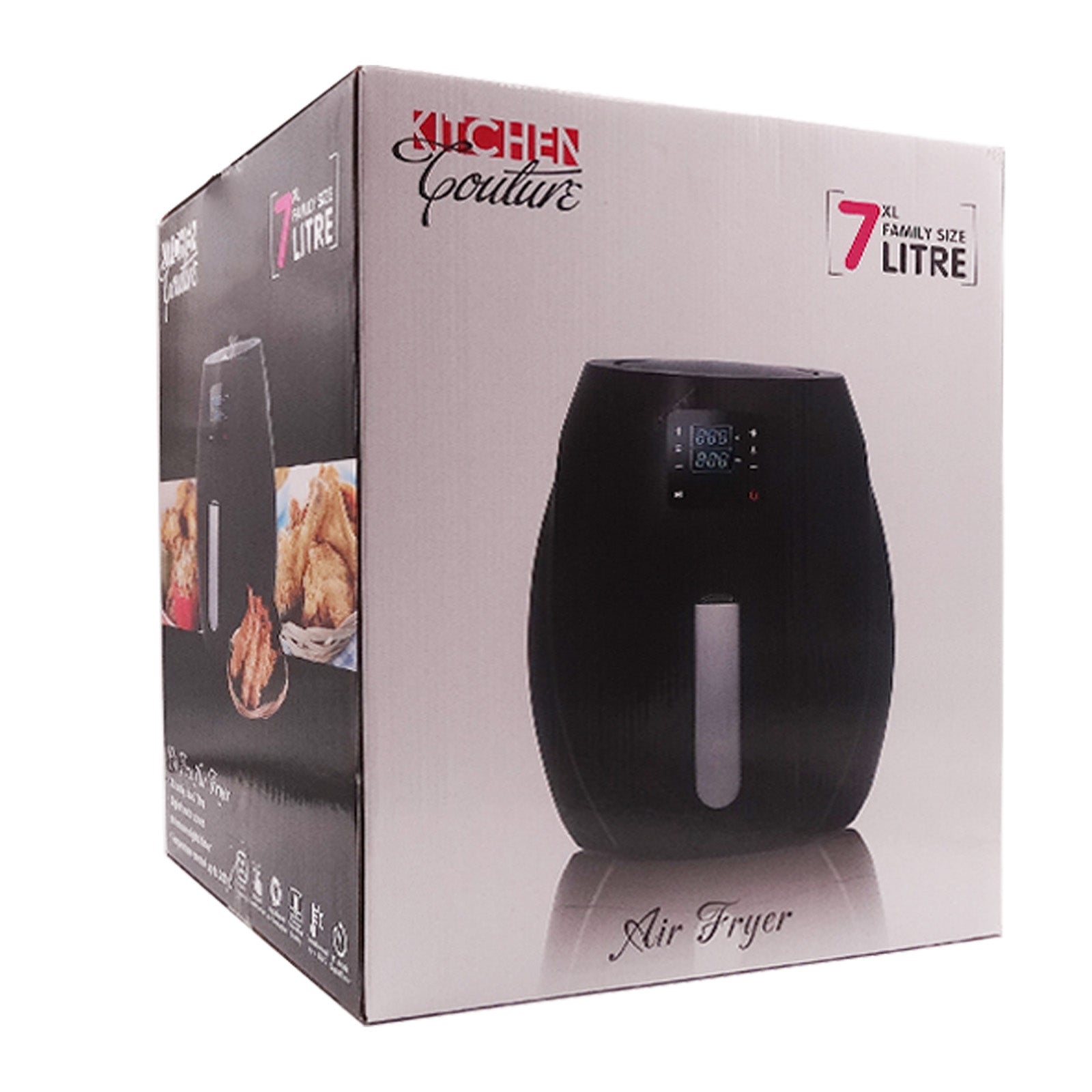 Kitchen Couture 7L Digital Air Fryer in sleek black design with a futuristic touch screen, perfect for healthy oil-free cooking.