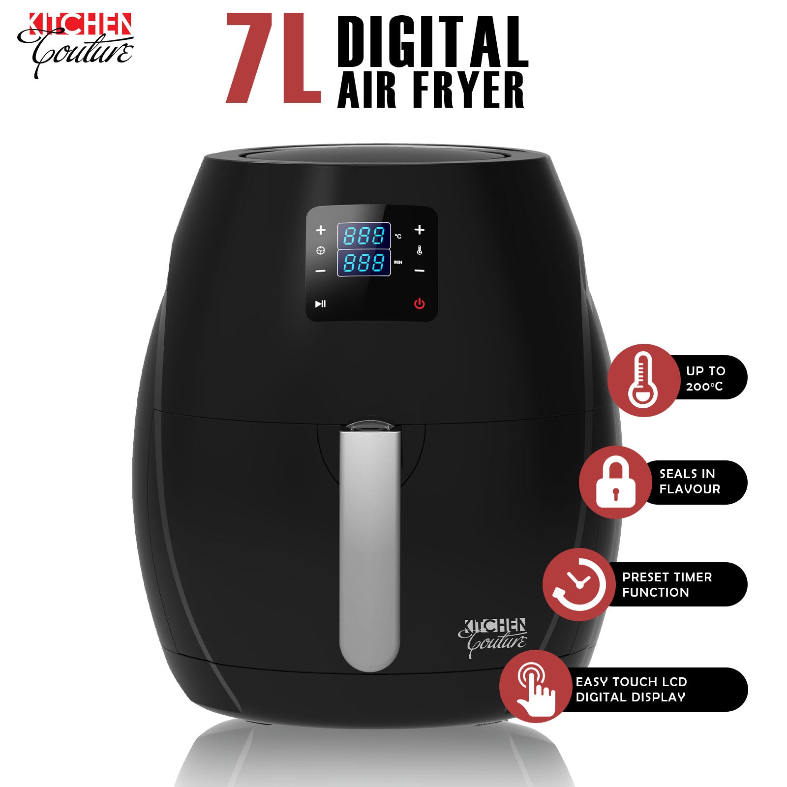 Kitchen Couture 7L Digital Air Fryer in sleek black design with a futuristic touch screen, perfect for healthy oil-free cooking.