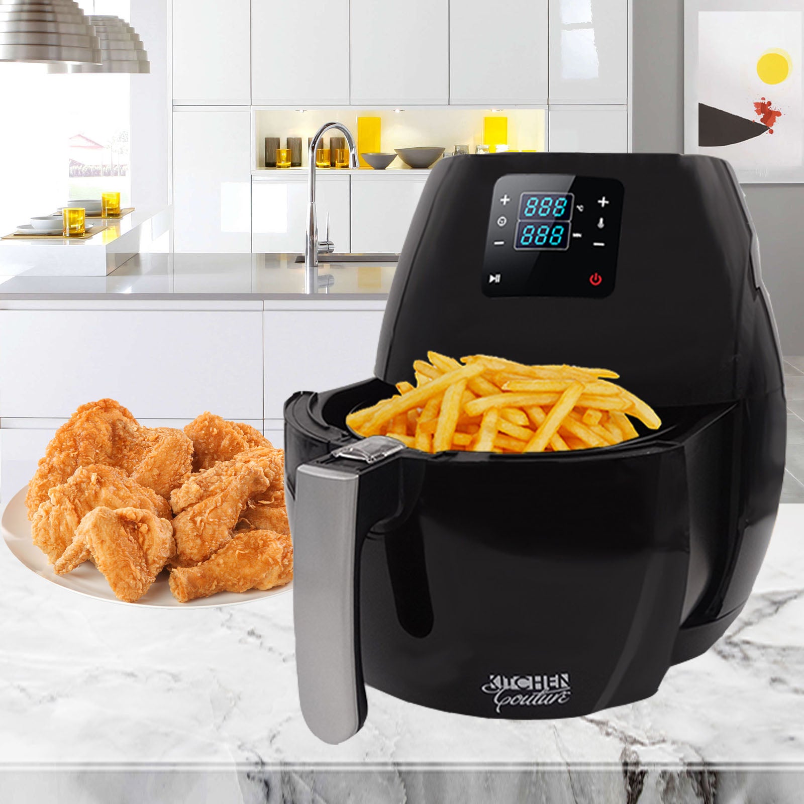 Kitchen Couture 7L Digital Air Fryer in sleek black design with a futuristic touch screen, perfect for healthy oil-free cooking.