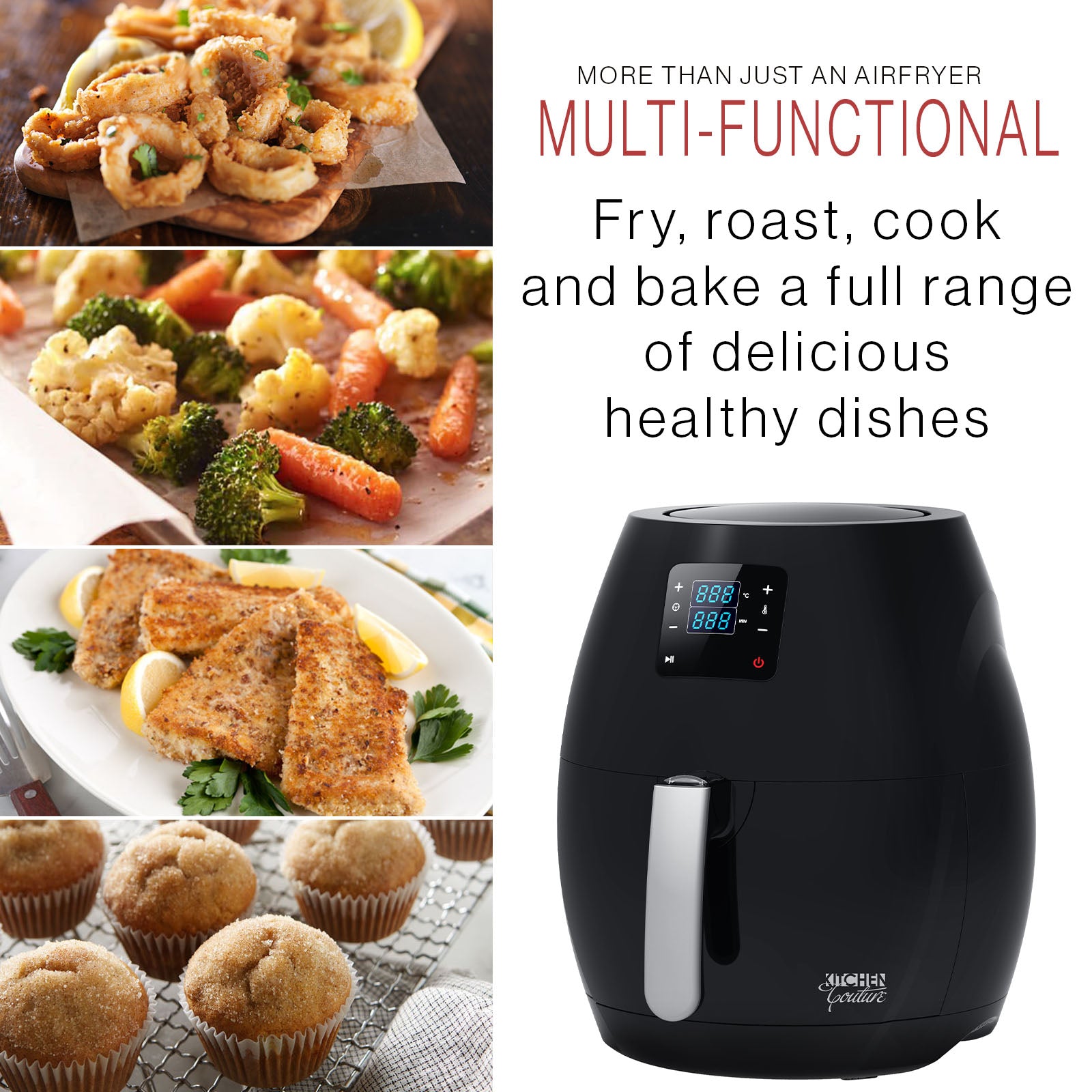 Kitchen Couture 7L Digital Air Fryer in sleek black design with a futuristic touch screen, perfect for healthy oil-free cooking.