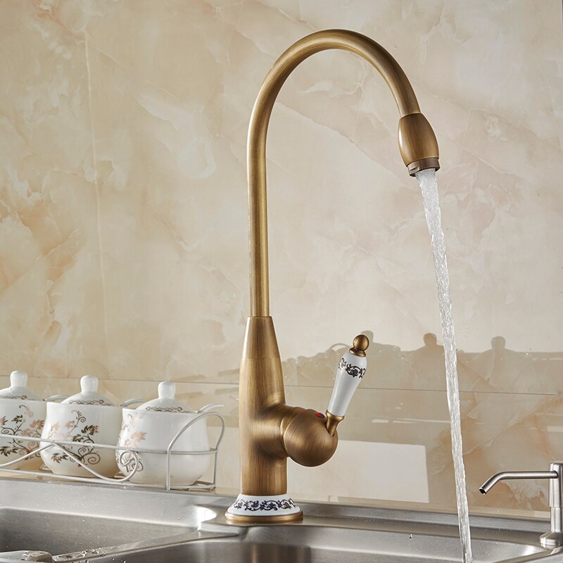 Antique bronze kitchen faucet with single handle and 360-degree swivel spout, showcasing a stylish design for modern kitchens.