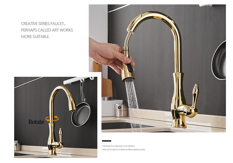 Black single handle pull out kitchen faucet with 360-degree swivel and brass construction, designed for modern kitchens.