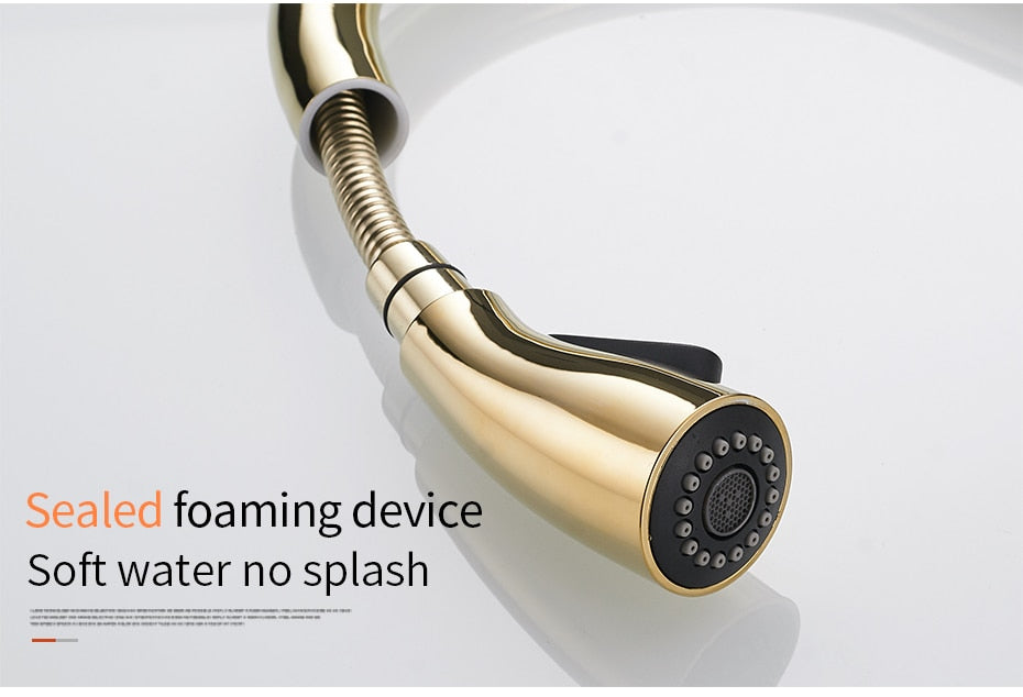 Black single handle pull out kitchen faucet with 360-degree swivel and brass construction, designed for modern kitchens.