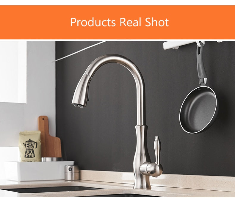 Black single handle pull out kitchen faucet with 360-degree swivel and brass construction, designed for modern kitchens.