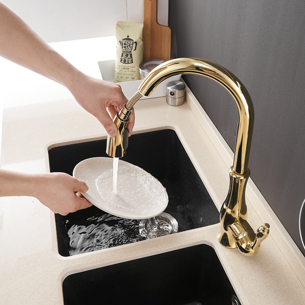 Black single handle pull out kitchen faucet with 360-degree swivel and brass construction, designed for modern kitchens.