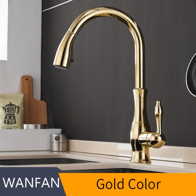 Black single handle pull out kitchen faucet with 360-degree swivel and brass construction, designed for modern kitchens.