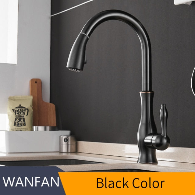 Black single handle pull out kitchen faucet with 360-degree swivel and brass construction, designed for modern kitchens.