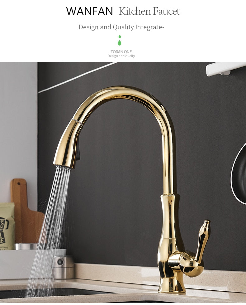 Black single handle pull out kitchen faucet with 360-degree swivel and brass construction, designed for modern kitchens.