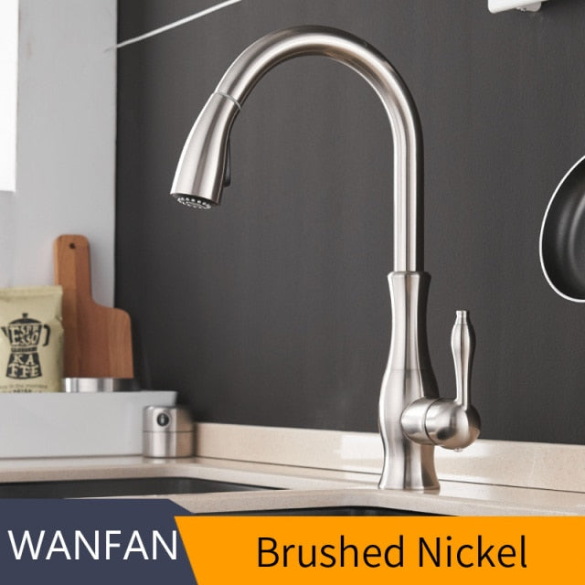 Black single handle pull out kitchen faucet with 360-degree swivel and brass construction, designed for modern kitchens.