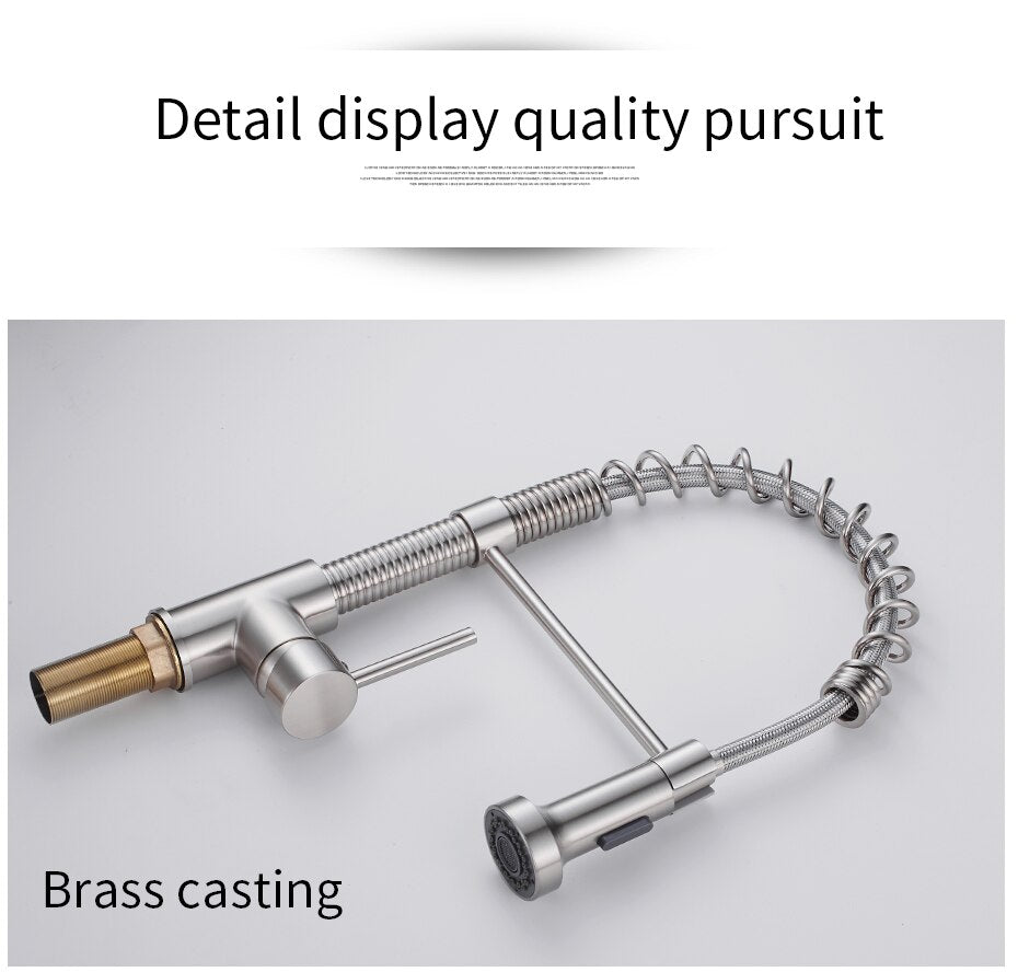 Brushed nickel kitchen faucet with pull-down spray head, showcasing a sleek and modern design suitable for any kitchen decor.