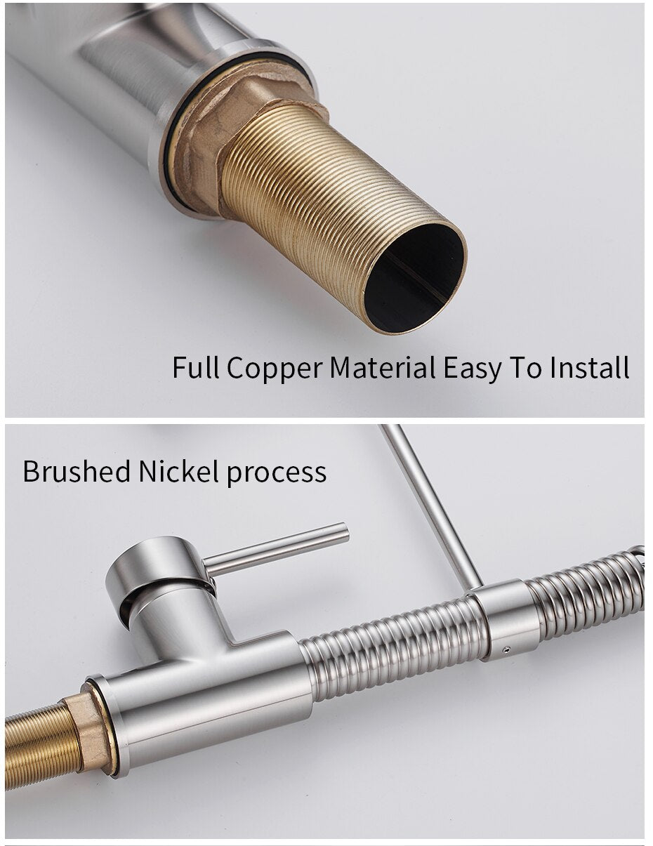 Brushed nickel kitchen faucet with pull-down spray head, showcasing a sleek and modern design suitable for any kitchen decor.