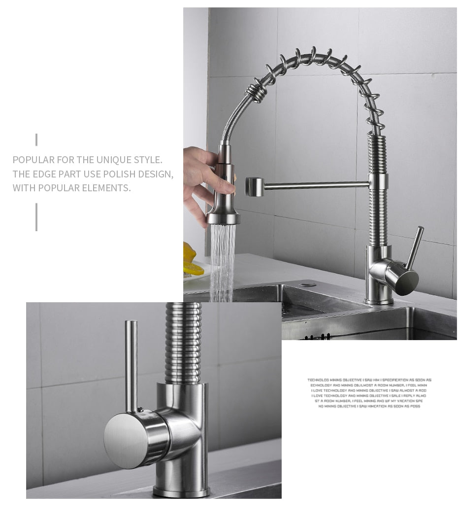 Brushed nickel kitchen faucet with pull-down spray head, showcasing a sleek and modern design suitable for any kitchen decor.