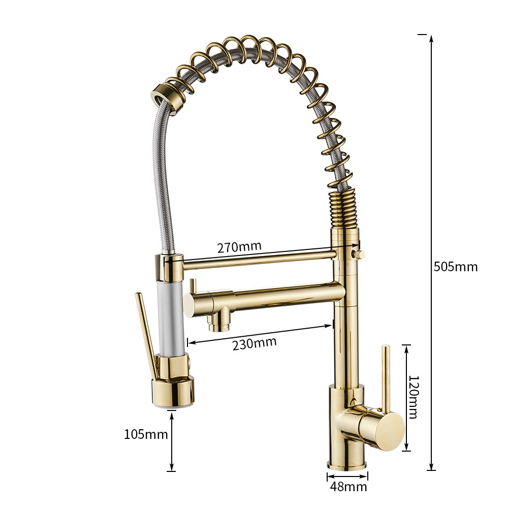 Gold Torneira Para Cozinha kitchen faucet with pull-out spring spout, showcasing its elegant design and brass construction.