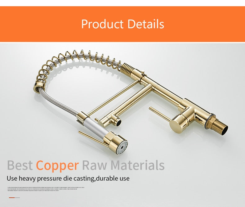 Gold Torneira Para Cozinha kitchen faucet with pull-out spring spout, showcasing its elegant design and brass construction.