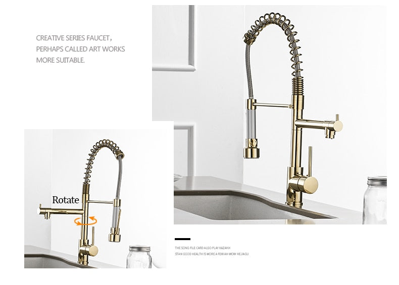 Gold Torneira Para Cozinha kitchen faucet with pull-out spring spout, showcasing its elegant design and brass construction.