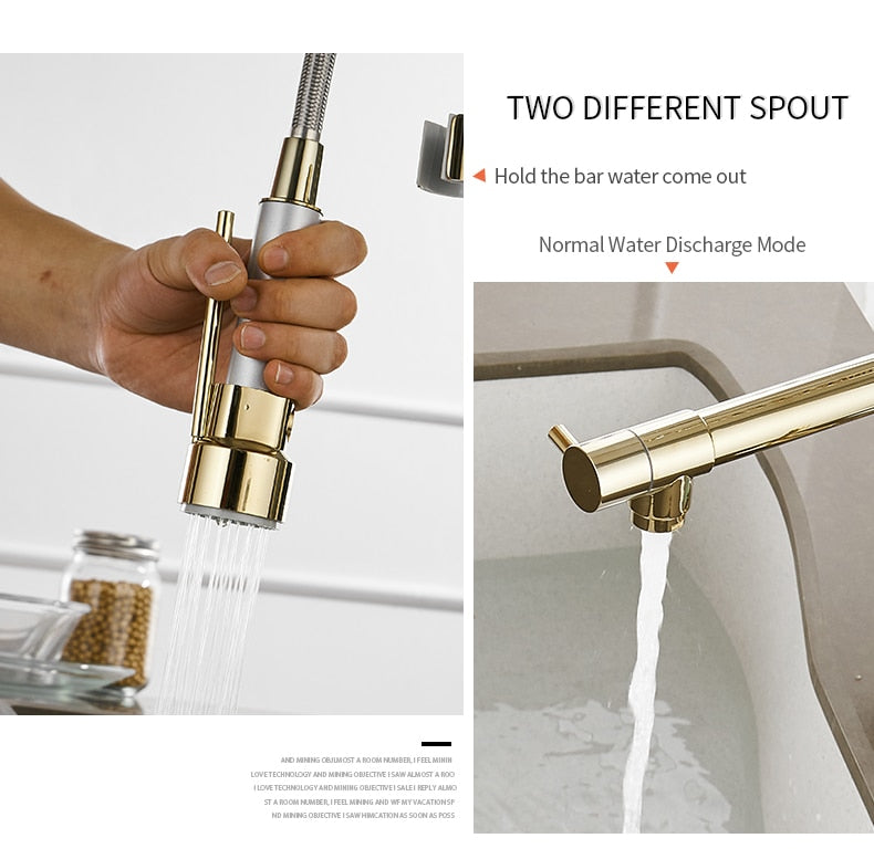 Gold Torneira Para Cozinha kitchen faucet with pull-out spring spout, showcasing its elegant design and brass construction.