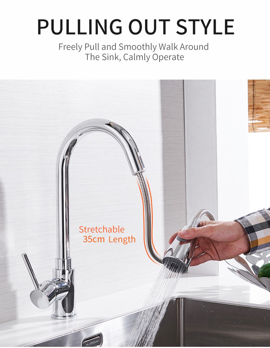 Silver single handle pull out kitchen faucet with a polished chrome finish and 360-degree swivel functionality, designed for modern kitchens.