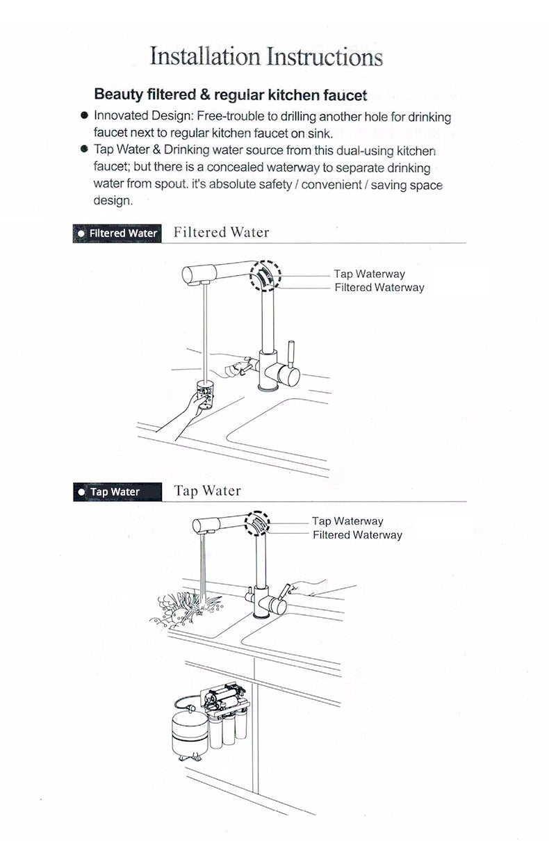 Stylish Kitchen Faucets Waterfilter Taps in polished brass finish, featuring dual handles and a contemporary design for modern kitchens.