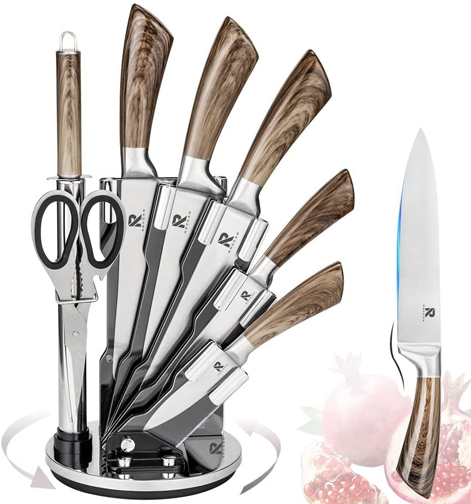 Kitchen Knife Block Set featuring 8 stainless steel knives with wooden color handles and a rotating acrylic stand.
