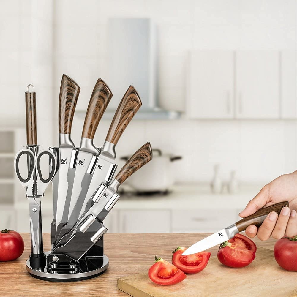 Kitchen Knife Block Set featuring 8 stainless steel knives with wooden color handles and a rotating acrylic stand.