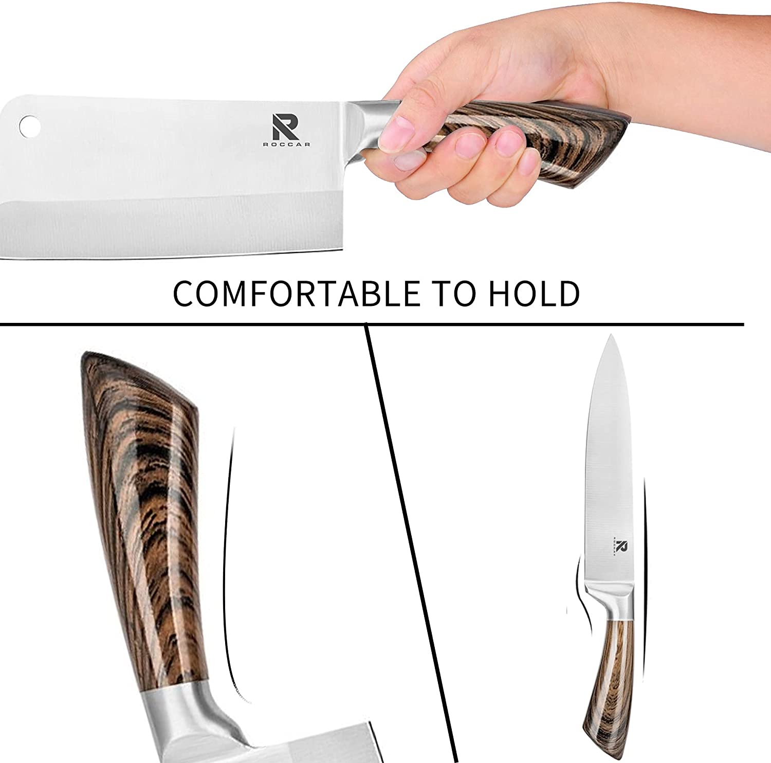 Kitchen Knife Block Set featuring 8 stainless steel knives with wooden color handles and a rotating acrylic stand.