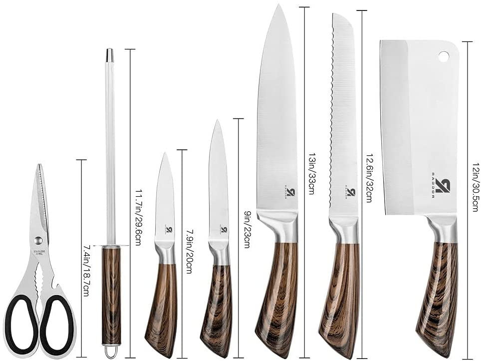 Kitchen Knife Block Set featuring 8 stainless steel knives with wooden color handles and a rotating acrylic stand.