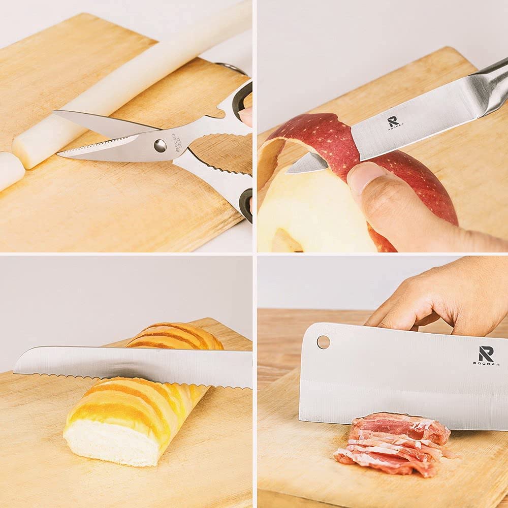 Kitchen Knife Block Set featuring 8 stainless steel knives with wooden color handles and a rotating acrylic stand.