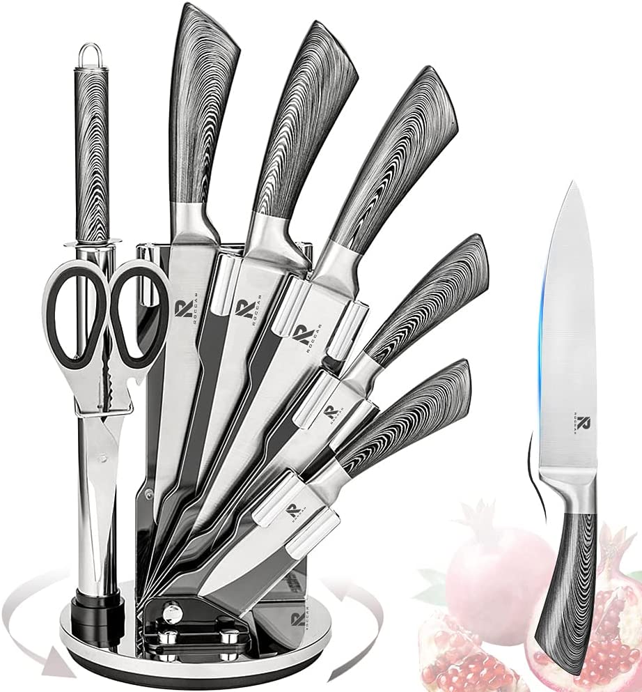 Kitchen Knife Block Set featuring 8 stainless steel knives with wooden color handles, displayed in a rotating acrylic knife block.