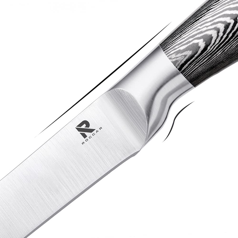 Kitchen Knife Block Set featuring 8 stainless steel knives with wooden color handles, displayed in a rotating acrylic knife block.