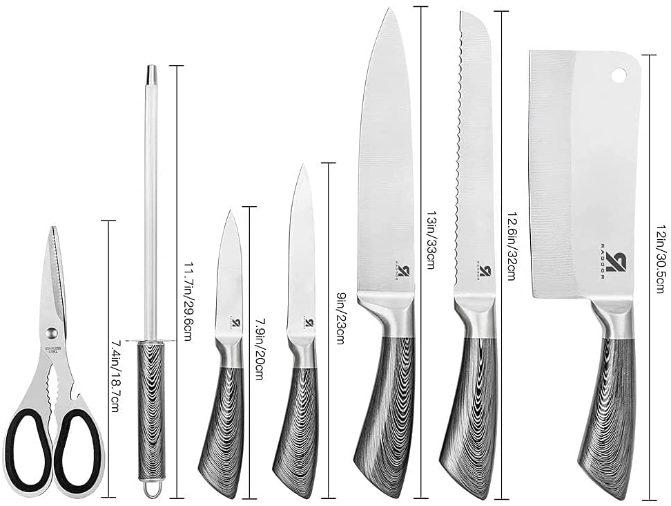 Kitchen Knife Block Set featuring 8 stainless steel knives with wooden color handles, displayed in a rotating acrylic knife block.