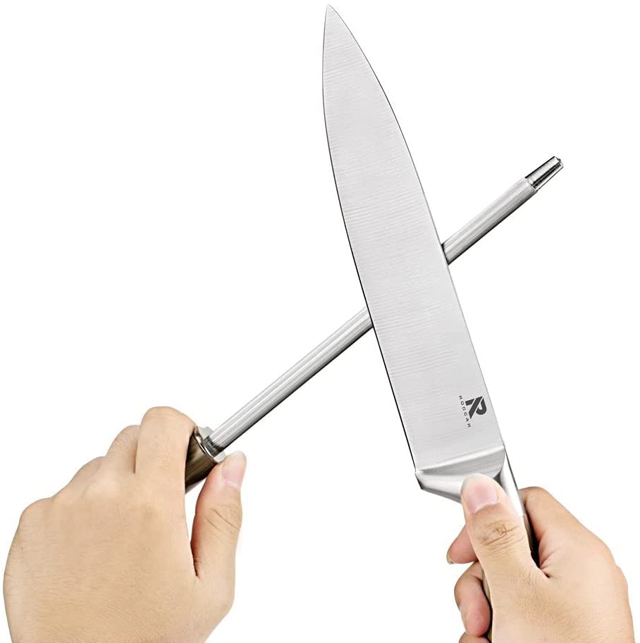 Kitchen Knife Block Set featuring 8 stainless steel knives with wooden color handles, displayed in a rotating acrylic knife block.