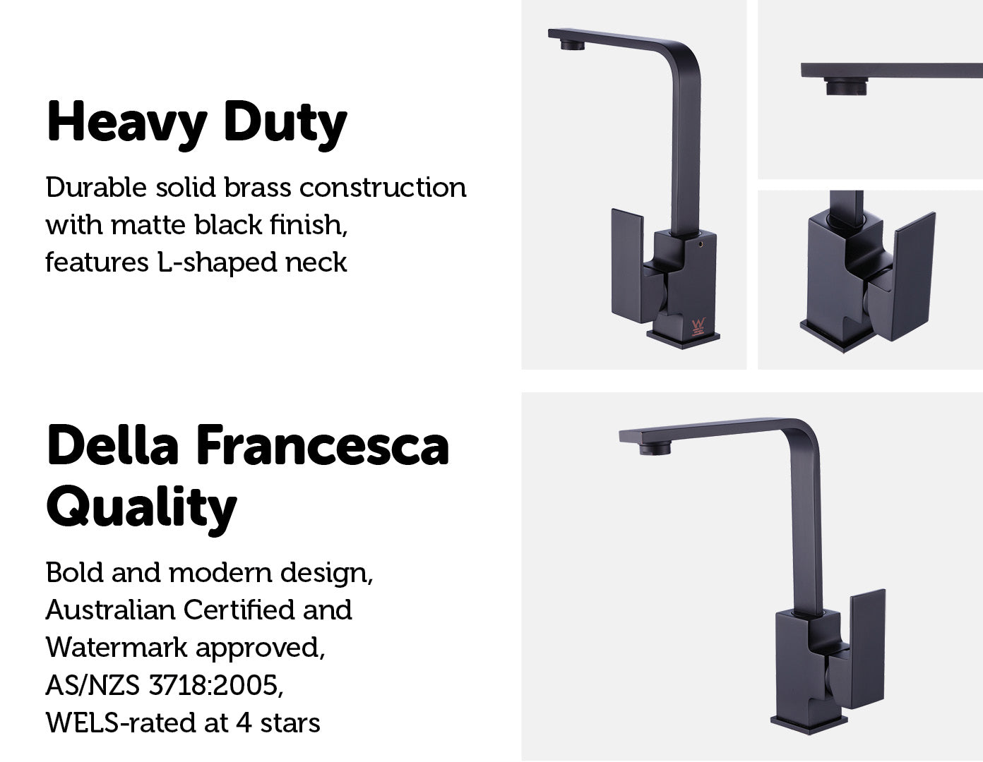 Della Francesca Kitchen Mixer Tap Faucet with L-neck design in matte black finish, showcasing its elegant and modern look.