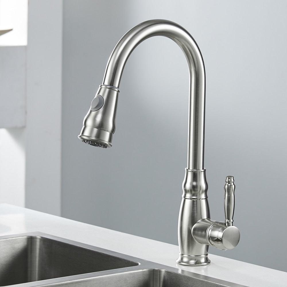 Kithchen Faucets Luxury Pull Out Kitchen Sink Faucet in oil-rubbed bronze finish, showcasing its elegant design and brass swivel feature.