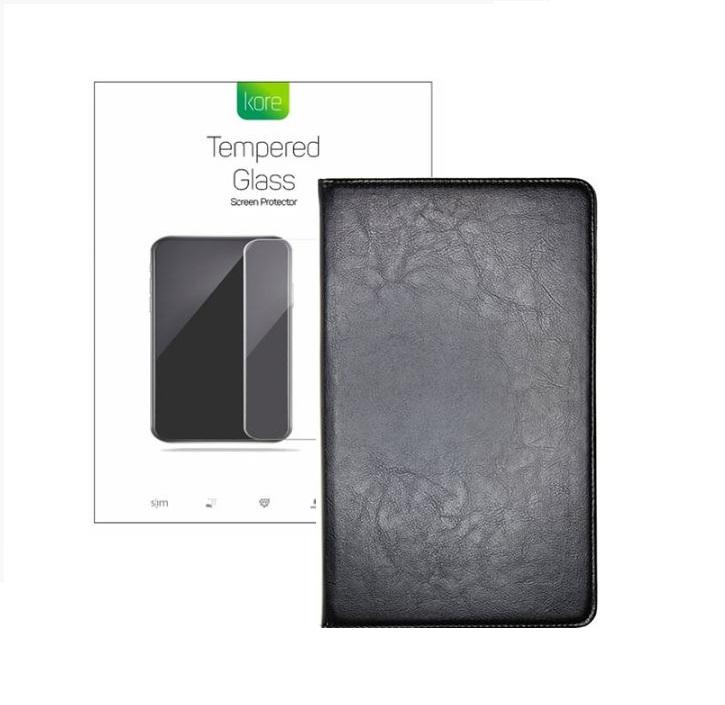 Kore Bundle Pack for Samsung Galaxy Tab A 10.1 featuring a black binder case and tempered glass screen protector, showcasing durability and style.