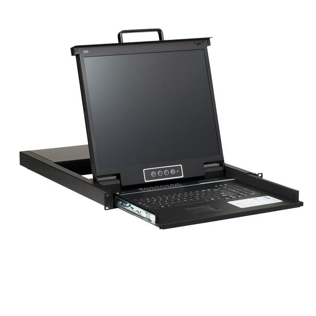 KVM 1RU Rackmount Switch with 19-inch LCD monitor and integrated keyboard and trackball, designed for controlling multiple computers.