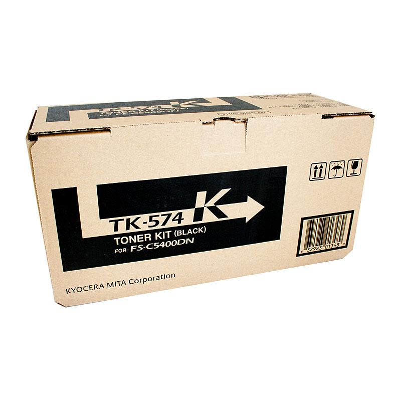 KYOCERA TK574 Black Toner cartridge, designed for high-volume printing with a yield of 16,000 pages, compatible with Kyocera printers.